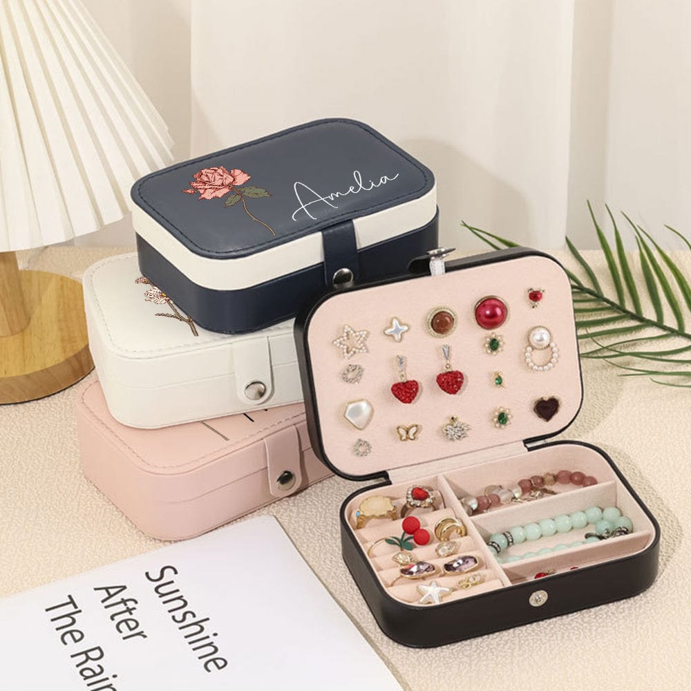 Personalized Birth Flower Leather Travel Jewelry Box with Name Waterproof Multiple Compartments Birthday Bridesmaid Gift for Women Girls - Giftlab