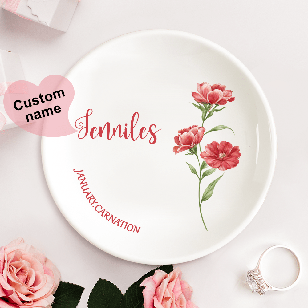Personalized Birth Flower Floral Ring Jewelry Dish Gift for Her - Giftlab