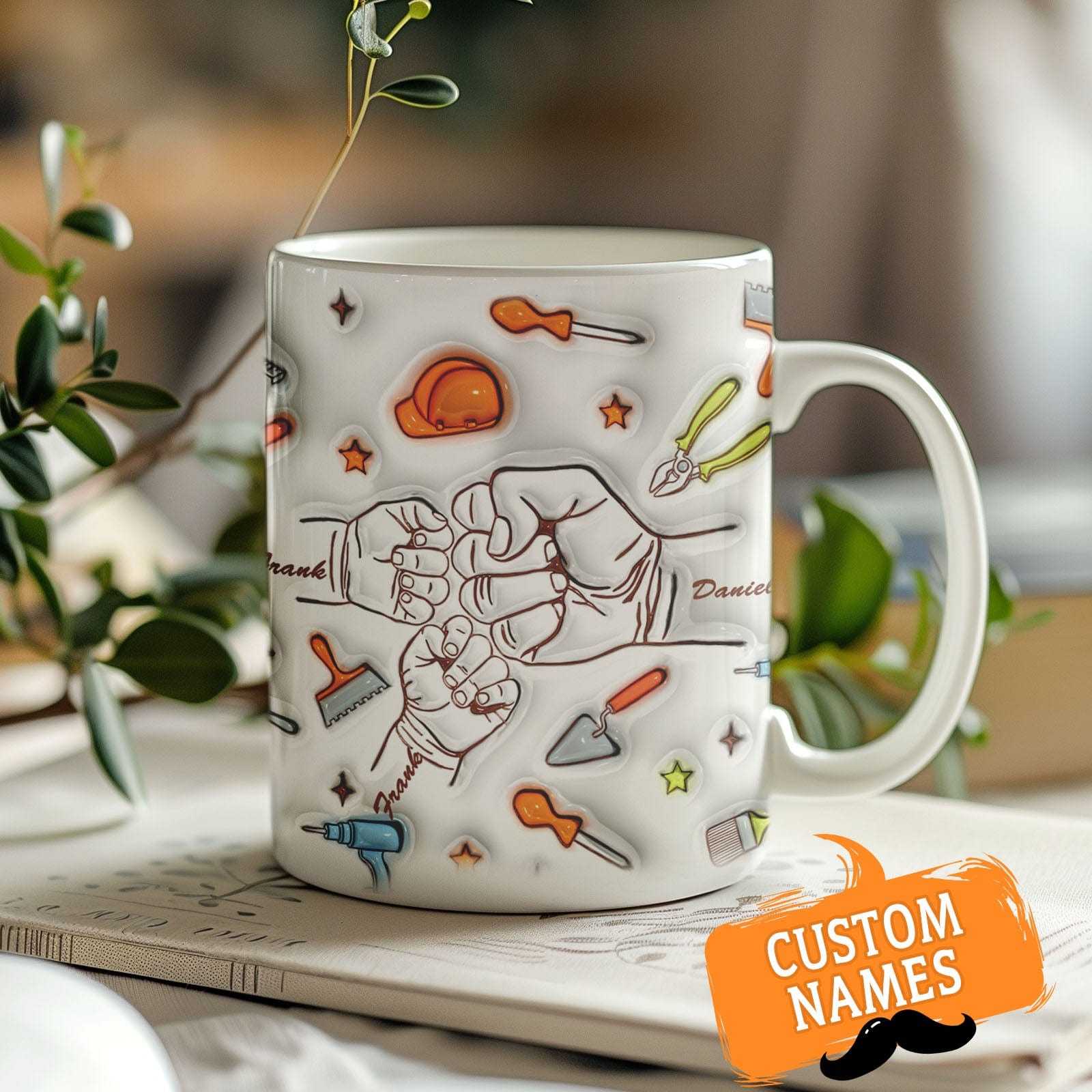 Personalized Names Mug Custom 1-6 Kids Fist Bump 3D Inflated Effect Printed Mug Creative Gift for Dad Grandpa Great Fixer - Giftlab