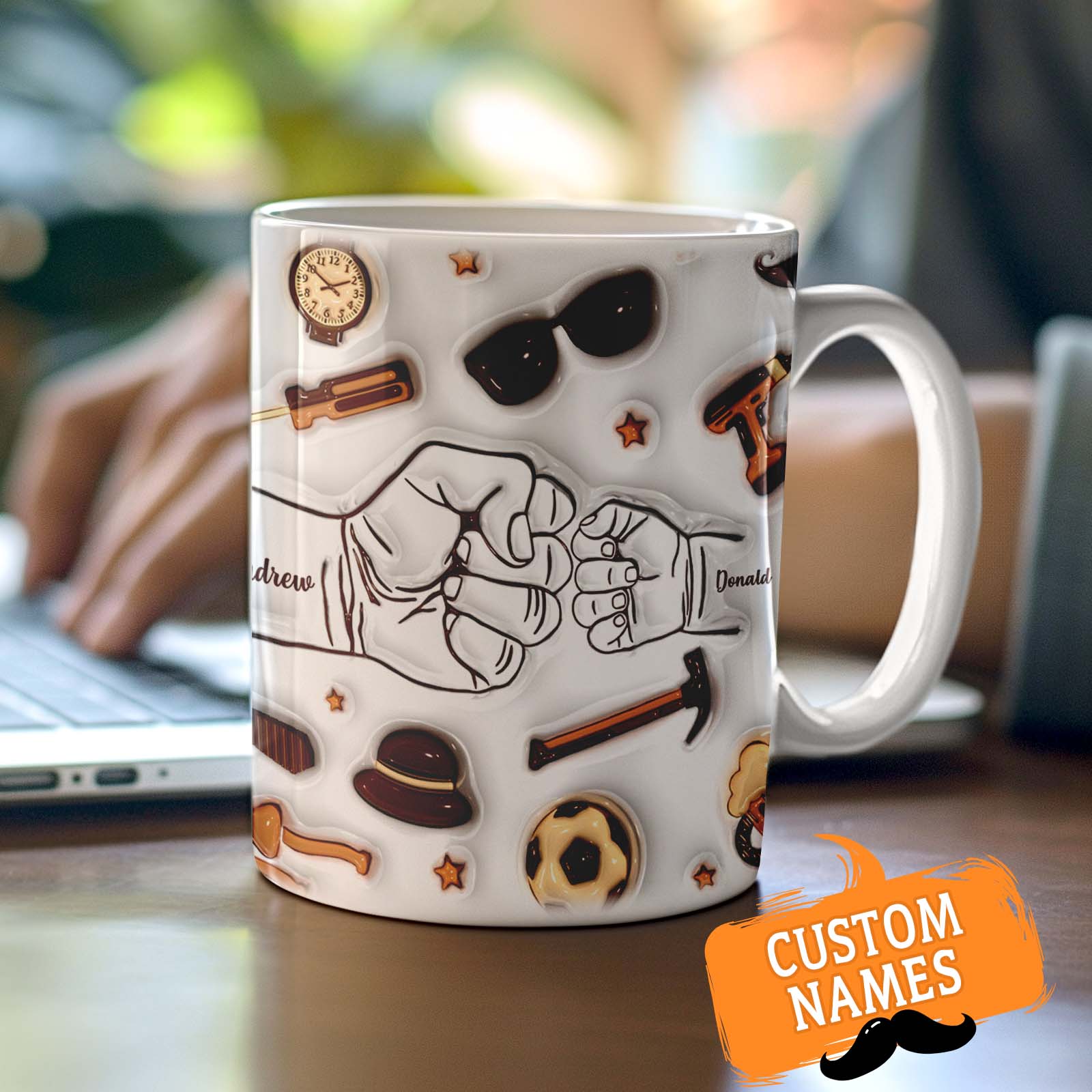 Father's Day Gifts Personalized 1-6 Kids Names Custom 3D Inflated Effect Printed Fist Bump Mug for Papa or Grandpa - Giftlab