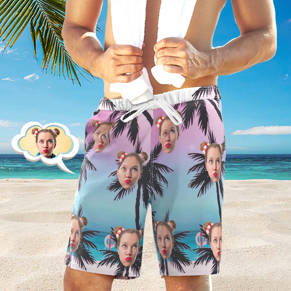 Men's Custom Face Beach Trunks All Over Print Photo Shorts Palm - Giftlab