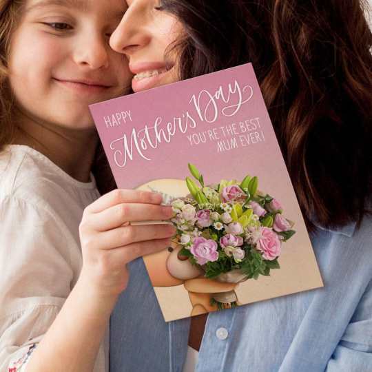 Custom Mother's Day Greeting Card Little Bear Flowers Cards Gifts For Mom