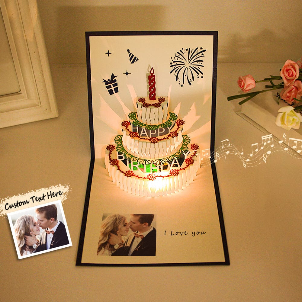 Personalized Birthday Cards with Photo 3D Pop Up Led Light Birthday Cake Music Cards Gifts - Giftlab