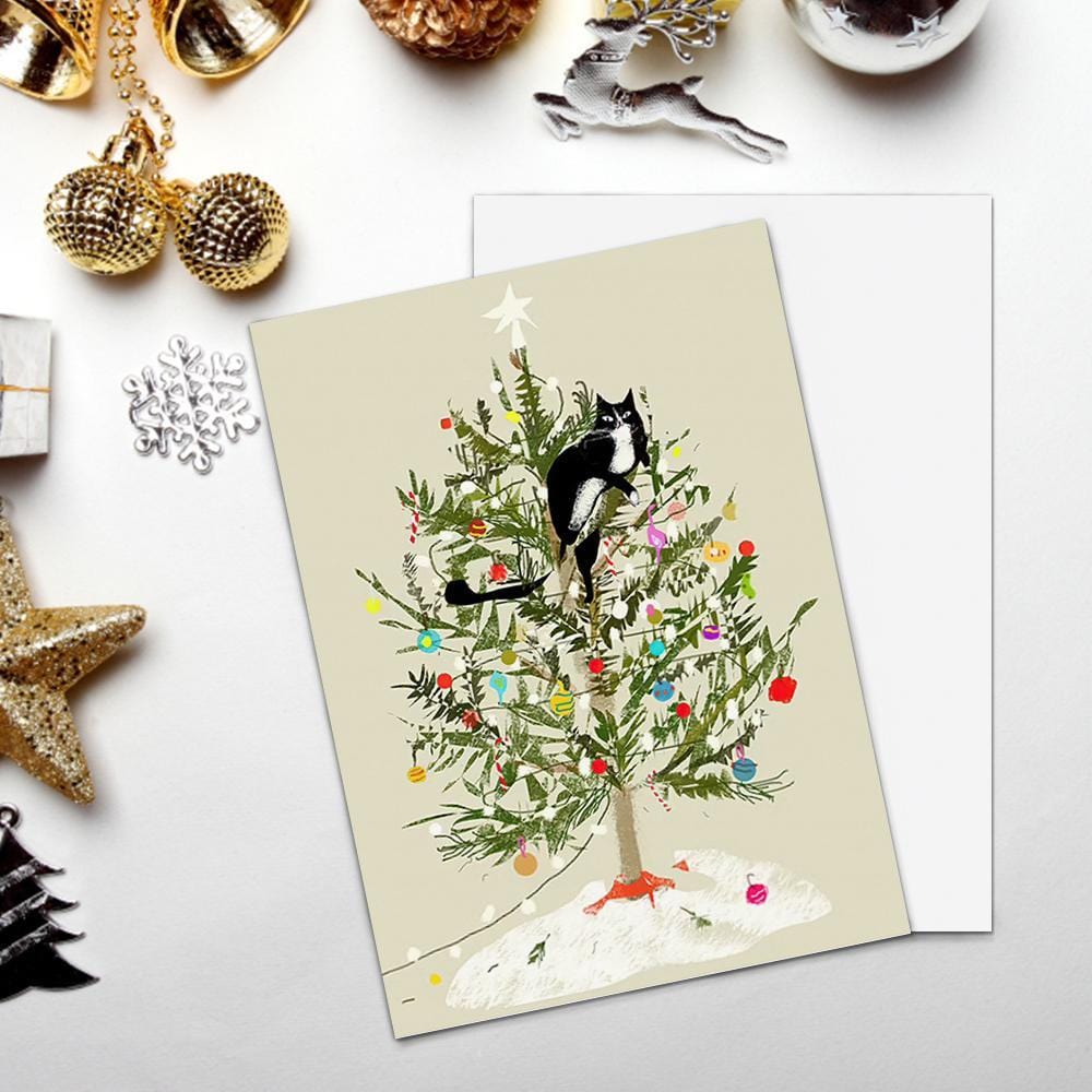 Xmas Card With Christmas Tree Cat-Vertical Card - Giftlab