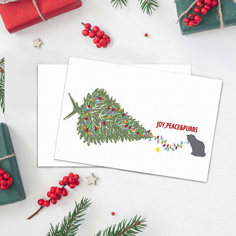Funny Christmas Card Holiday Card Joy Peace and Purrs-Horizontal Card - Giftlab