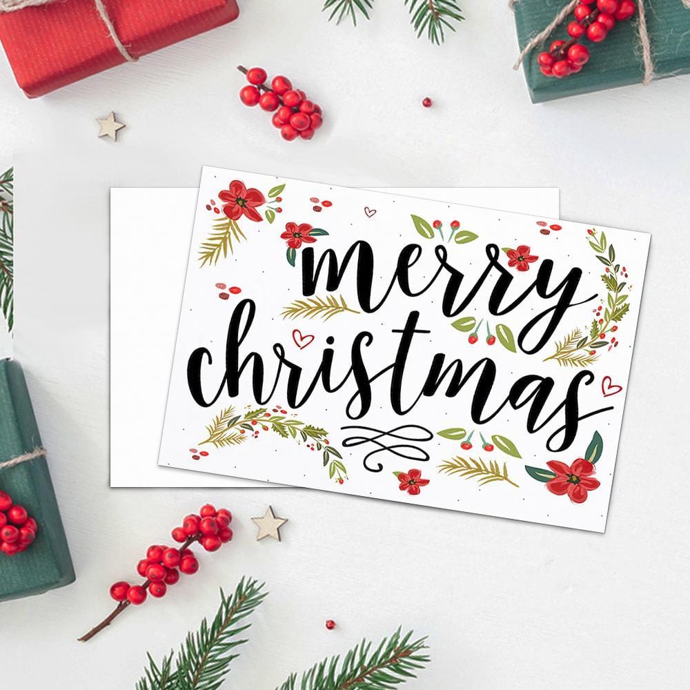 Illustrated Botanical Christmas Cards Merry Christmas Card -Horizontal Card - Giftlab