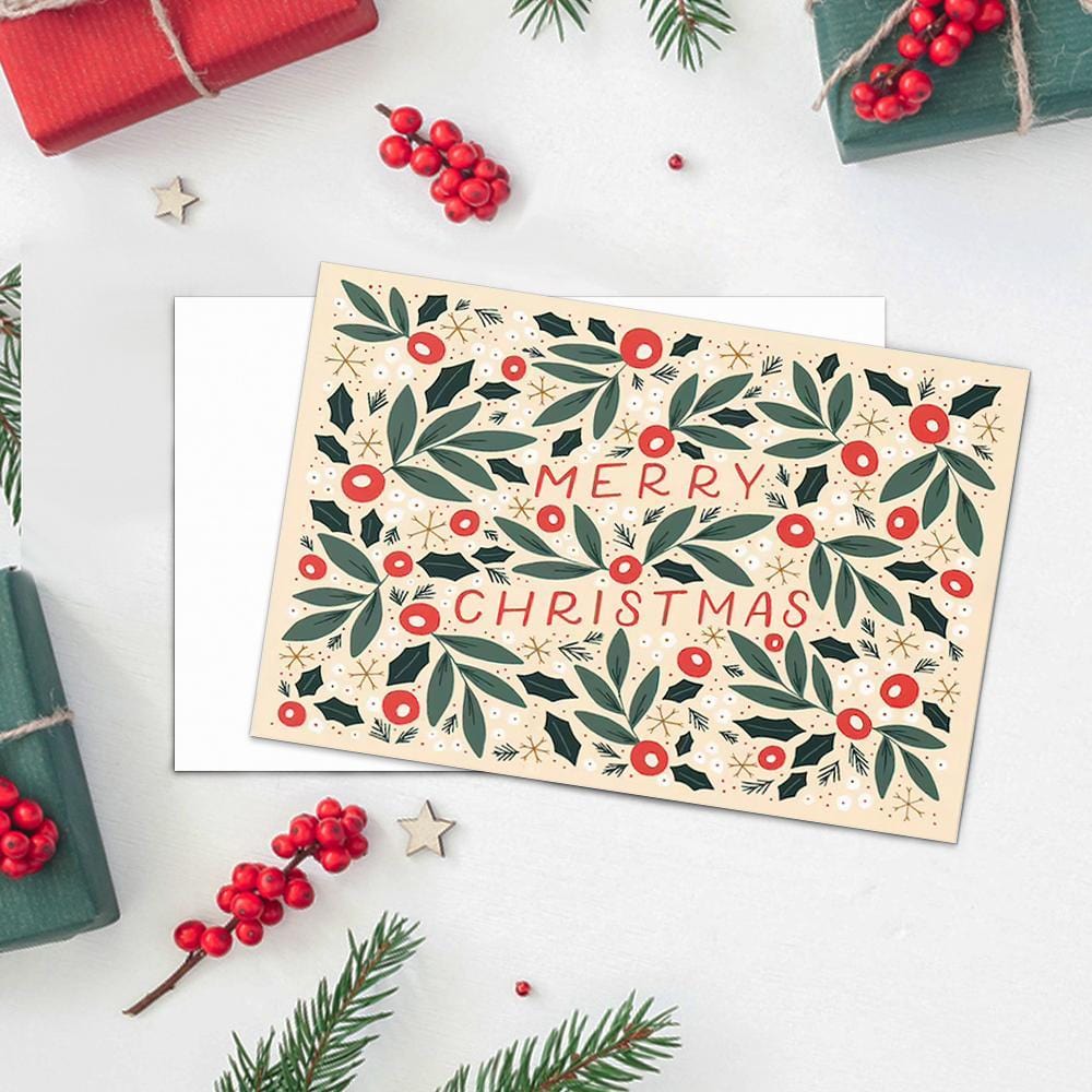 Merry Christmas Card Holiday Card Botanic -Horizontal Card - Giftlab