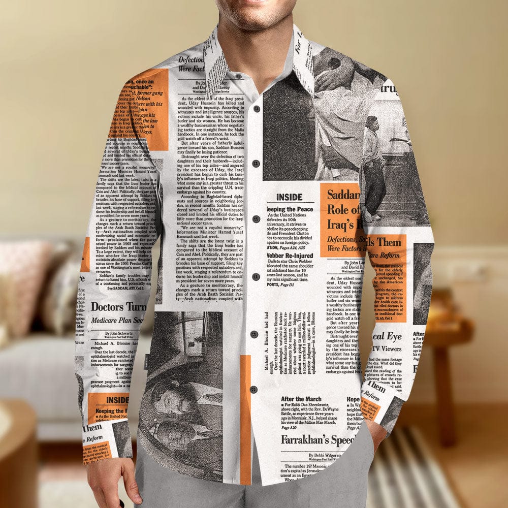 Newspaper Print Shirt Vintage Shirt Orange Gifts For Husband - Giftlab