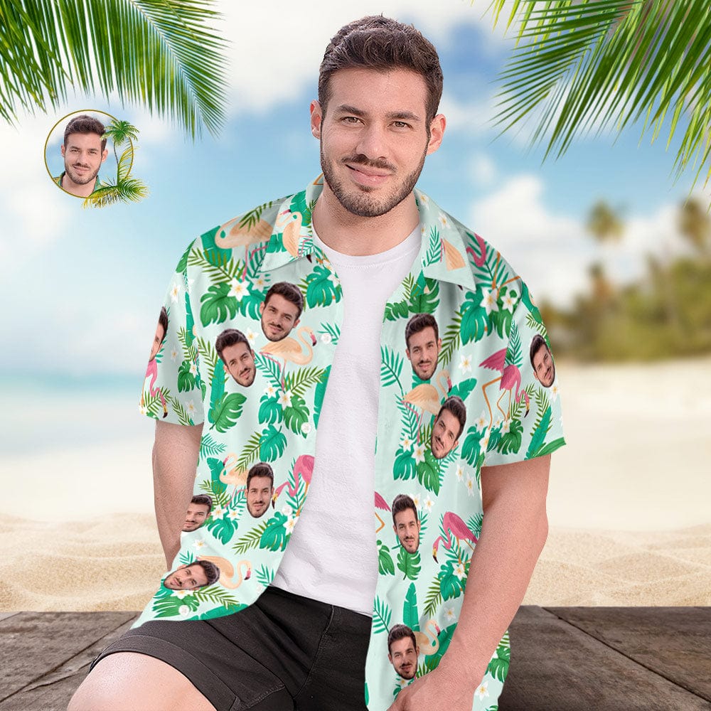 Custom Men's Shirt Face All Over Print  Hawaiian Shirt Green Leaves and Flamingo - Giftlab