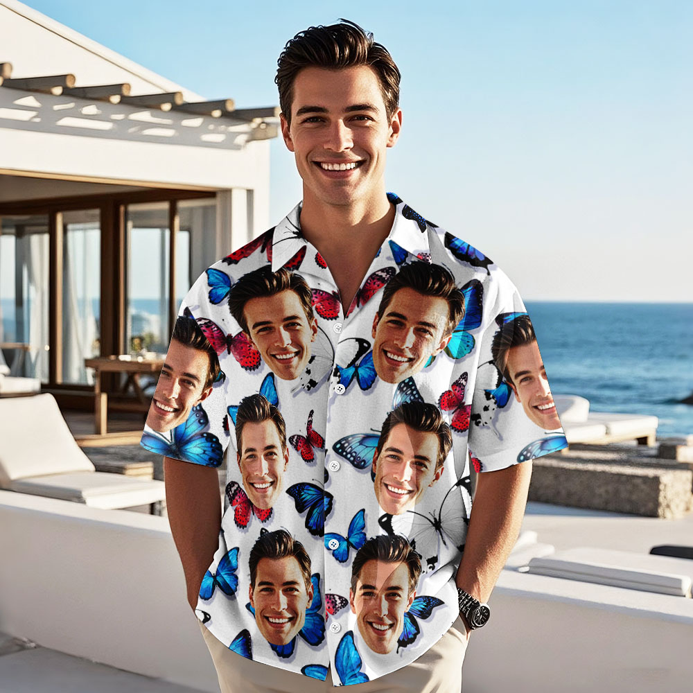 Custom Face Hawaiian Shirt Colorful Butterfly Summer Aloha Vacation for Men