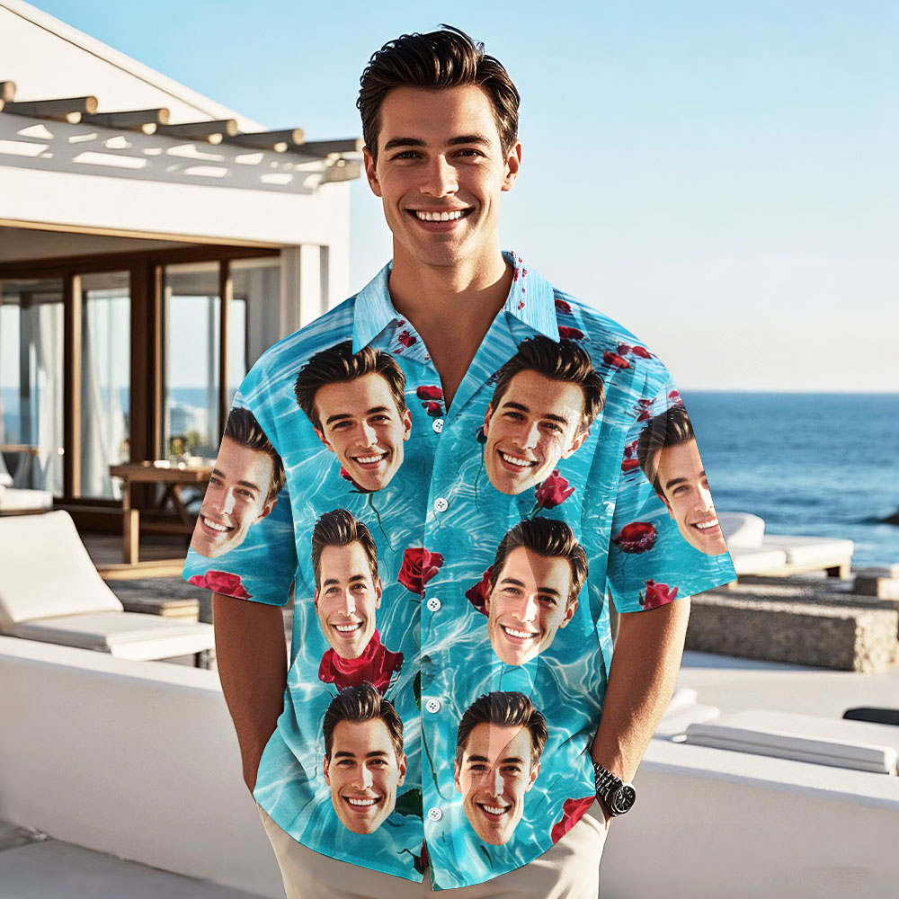 Custom Face Hawaiian Shirt Summer Ocean Rose Aloha Shirt Vacation for Men