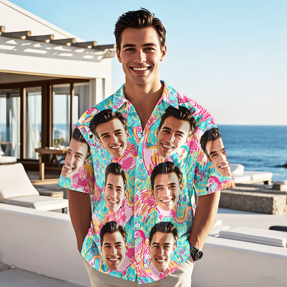 Custom Face Hawaiian Shirt Summer Flamingo Abstract Aloha Shirt Vacation for Men