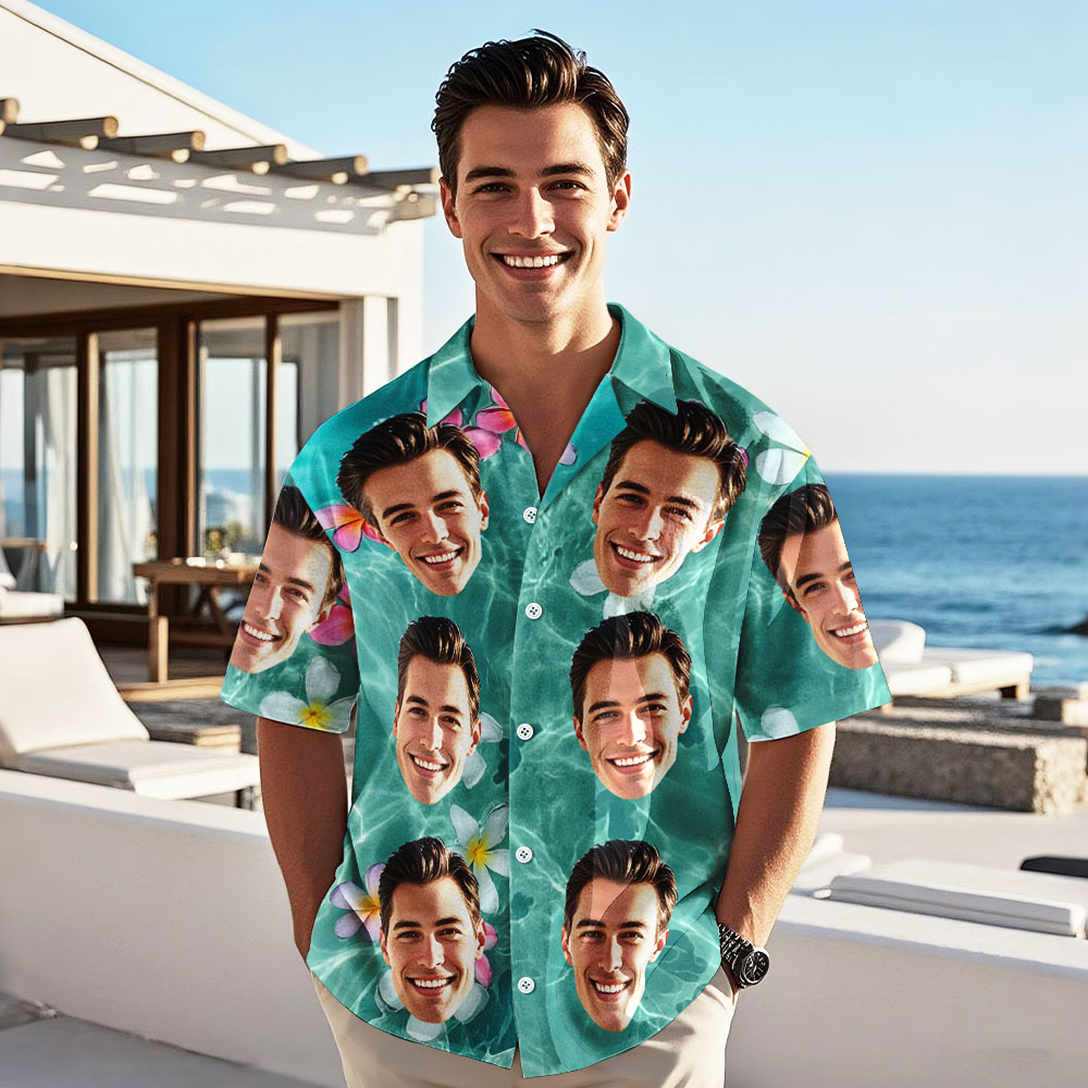 Custom Face Hawaiian Shirt Summer Flamingo Ocean Flowers Shirt Vacation for Men
