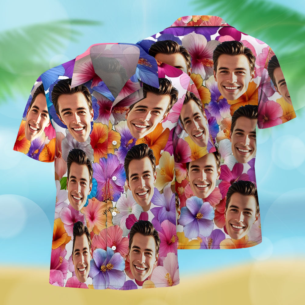 Custom Face Hawaiian Shirt Summer Colorful Flowers Aloha Shirt Vacation for Men