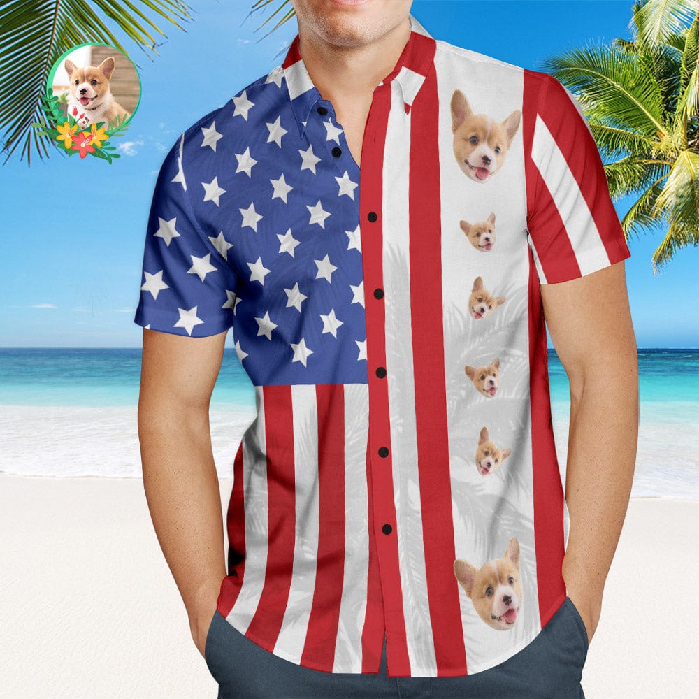 Custom Men's Patriotic Hawaiian Shirt With Pet Face USA Flag Personalized Fashion Hawaiian Shirt - Giftlab