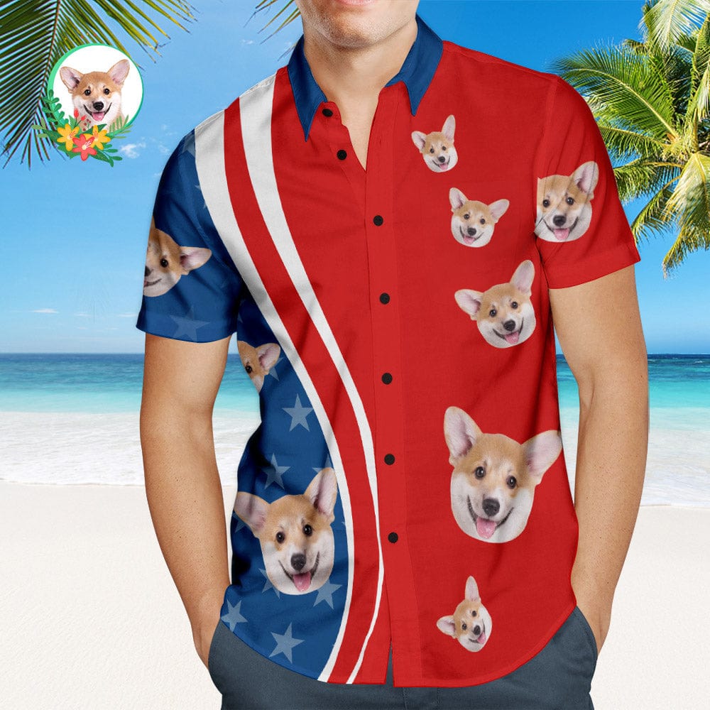 Custom Dog's Face Hawaiian Shirts 4th of July American Flag Independence Day Men's Hawaiian Shirts - Giftlab
