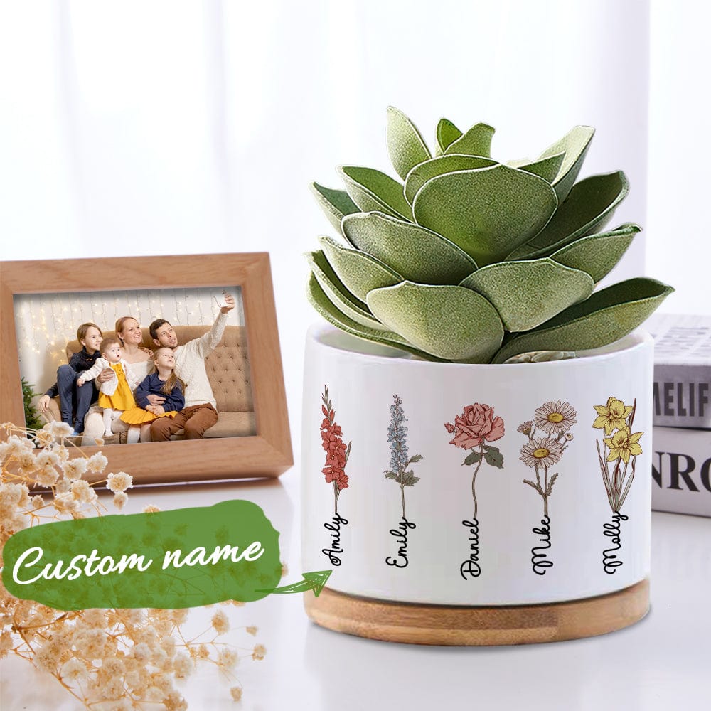 Custom Birth Month Flowers Planter Pot Personalized Name Ceramic Succulent Plant Pot - Giftlab
