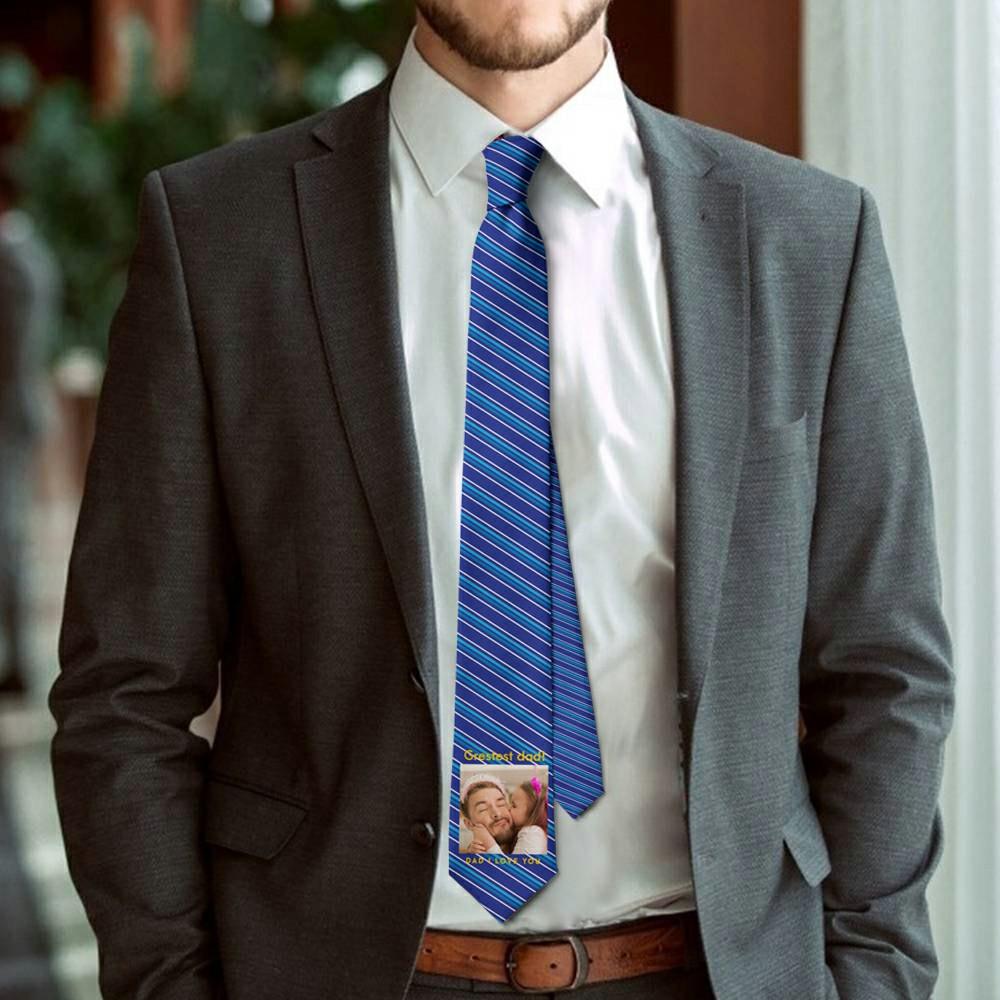 Father's Day Ties Father-in-law Gift Picture Tie with Blue Stripes - "I Love You Dad" - Giftlab