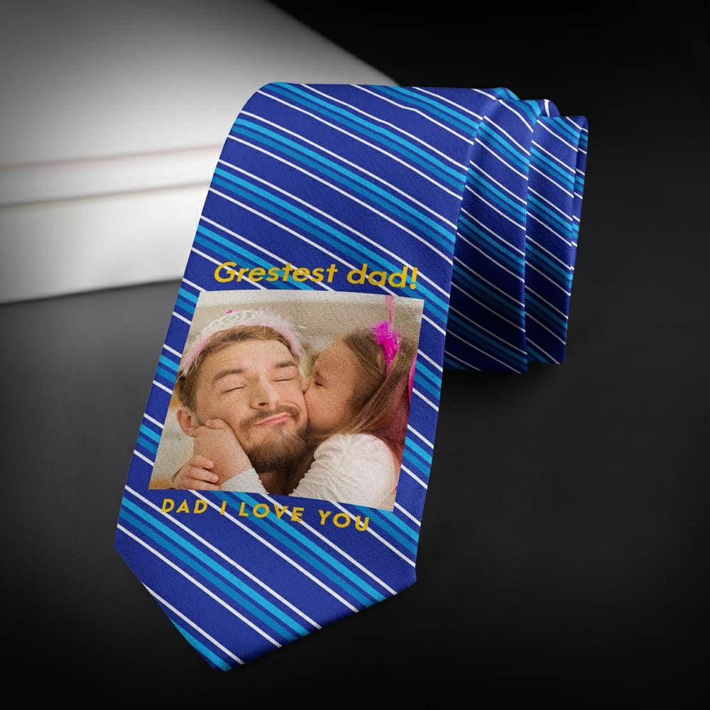 Father's Day Ties Father-in-law Gift Picture Tie with Blue Stripes - "I Love You Dad" - Giftlab