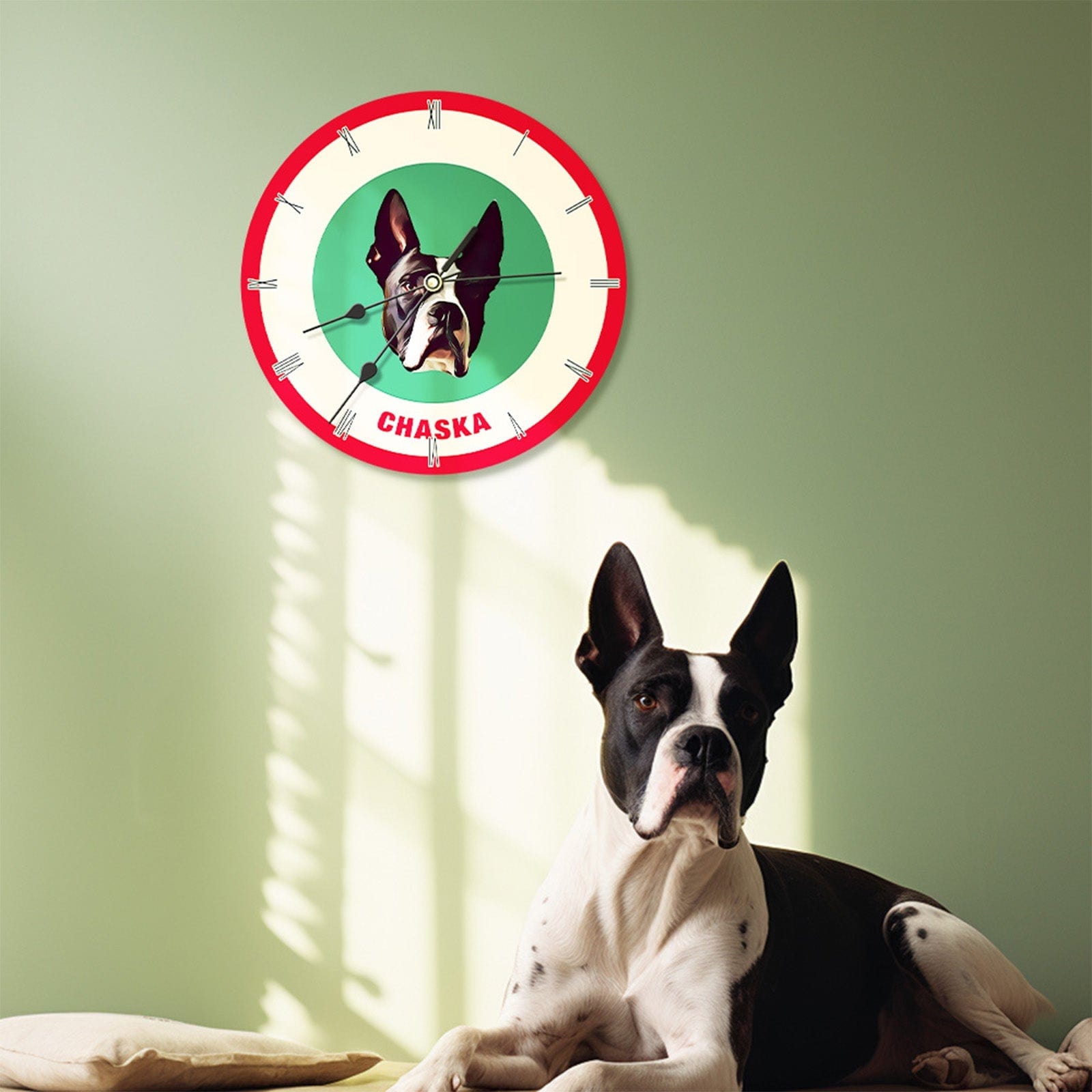 Custom Pet Face Clock Personalized Round Cute Wall Clock Home Decor For Pet Lover - Red & Green - Giftlab