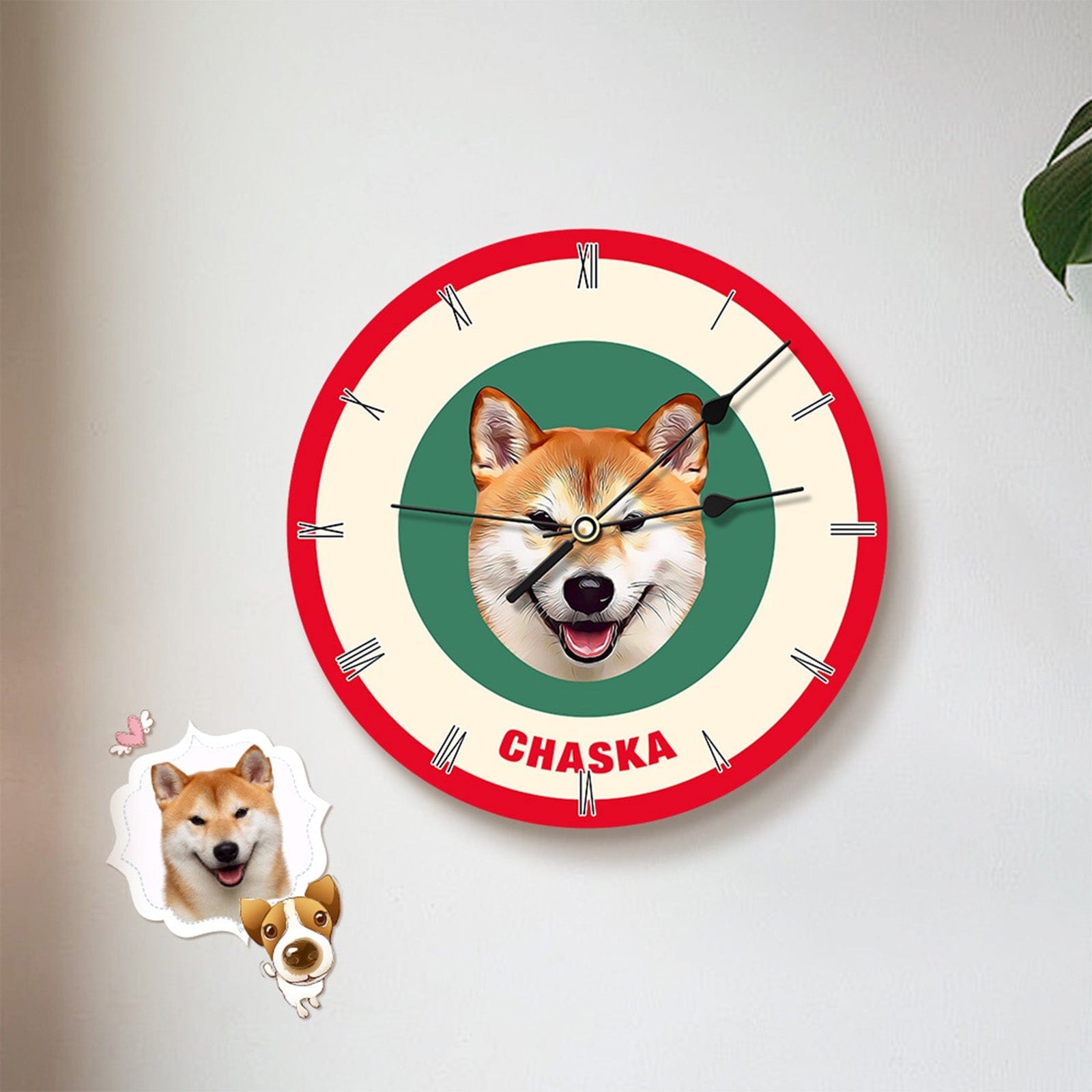 Custom Pet Face Clock Personalized Round Cute Wall Clock Home Decor For Pet Lover - Red & Green - Giftlab