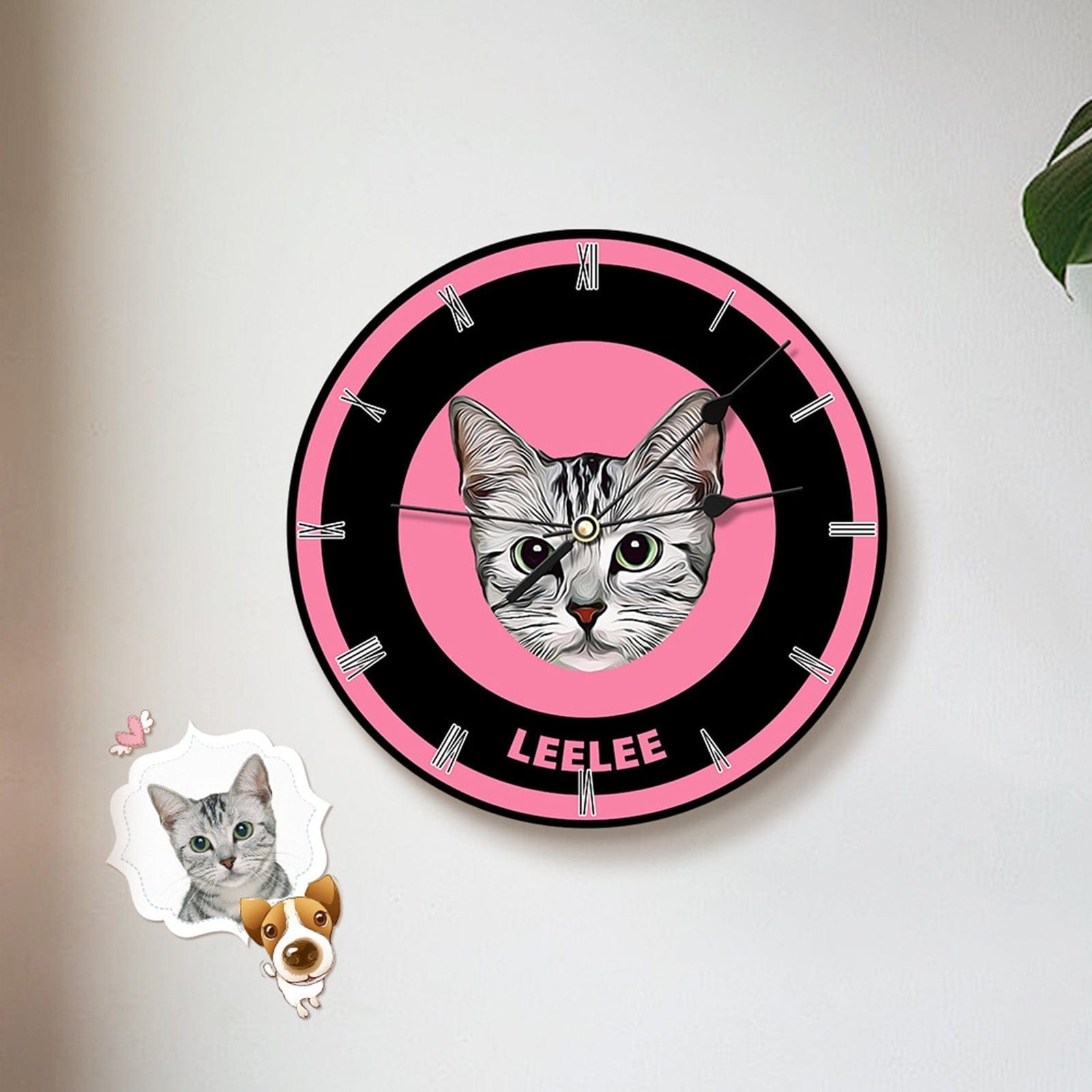 Custom Pet Face Clock Personalized Round Cute Wall Clock Home Decor For Pet Lover - Black & Pink - Giftlab