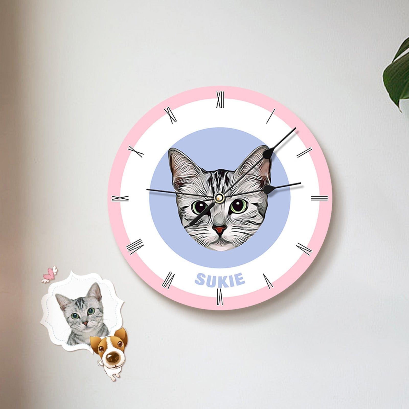 Custom Pet Face Clock Personalized Round Cute Wall Clock Home Decor For Pet Lover - Pink & Blue - Giftlab