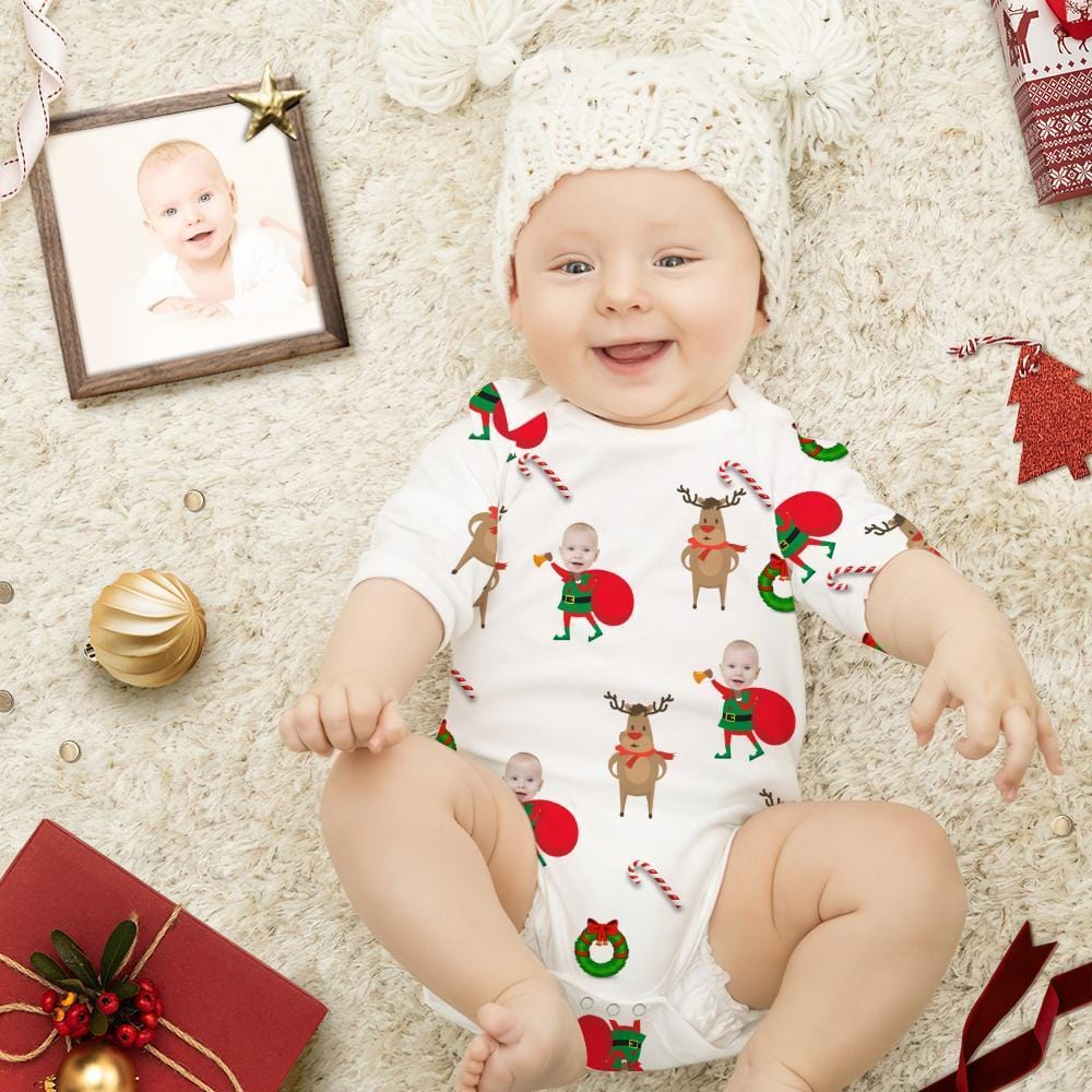 Custom Newborn Onesie Long Sleeve Onesie Christmas Elf Pattern Newborn Christmas Gifts - Giftlab