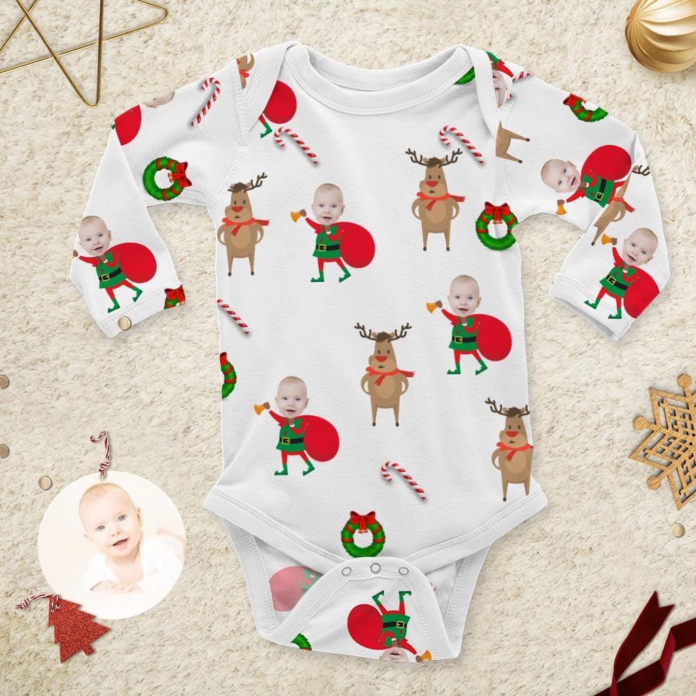 Custom Newborn Onesie Long Sleeve Onesie Christmas Elf Pattern Newborn Christmas Gifts - Giftlab