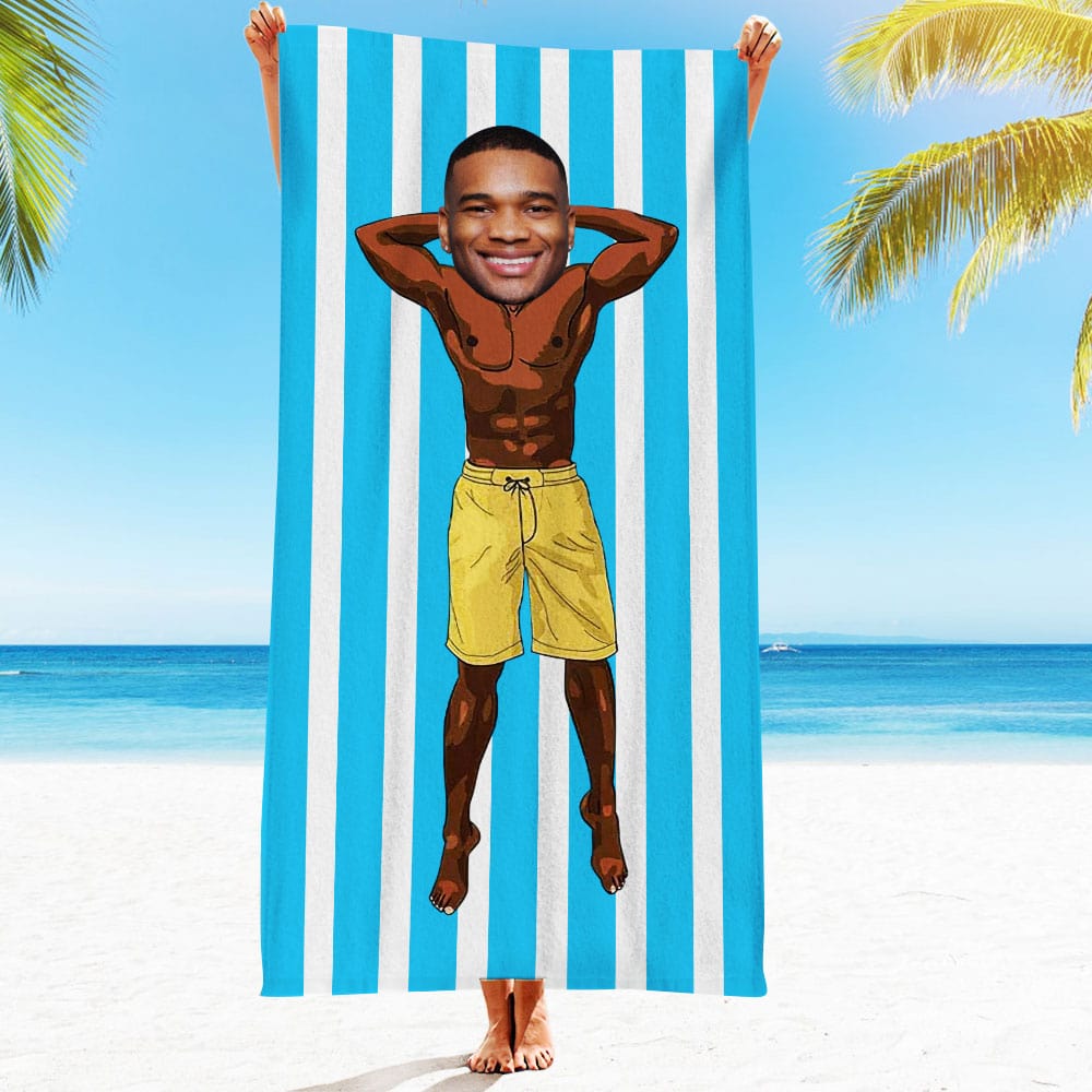 Custom Face Beach Towel Personalized Muscle Guy in Yellow Shorts Beach Towel Funny Gift for Summer - GiftLab