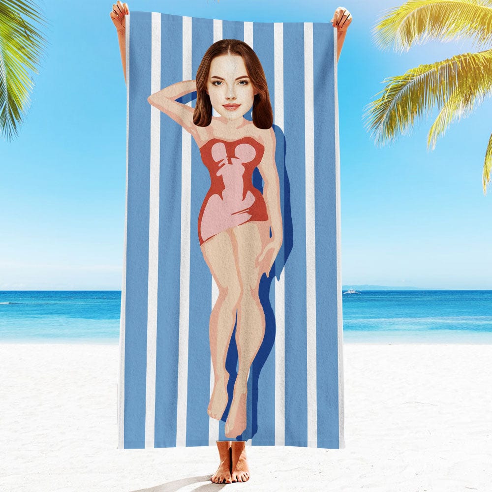 Custom Face Beach Towel Personalized Red Dress Beach Towel Funny Gift for Summer - GiftLab
