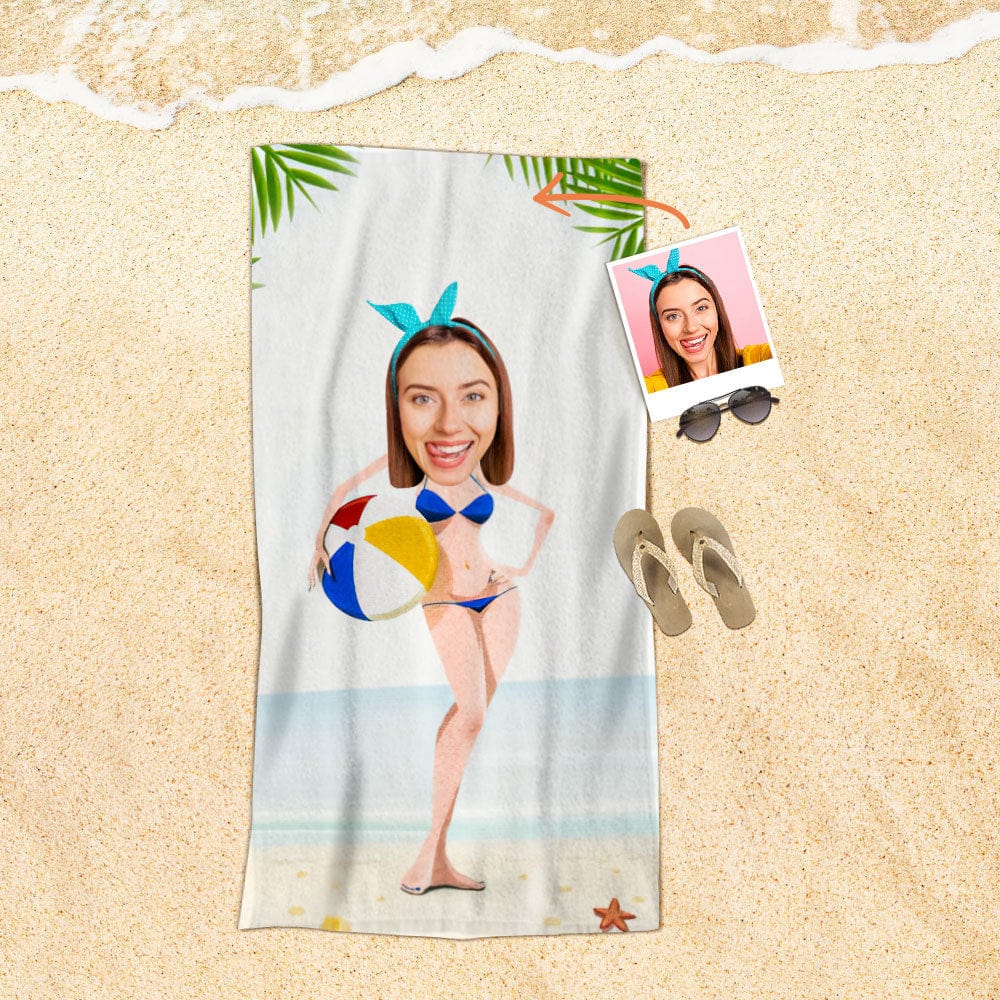Custom Face Beach Towel Personalized Holding Ball Bikini Beauty Style Beach Towel Funny Gift for Summer - GiftLab