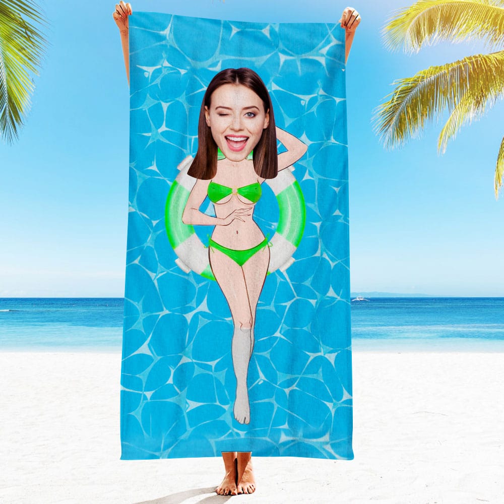 Custom Face Beach Towel Personalized Green Bikini Girl Beach Towel Funny Gift for Summer - GiftLab