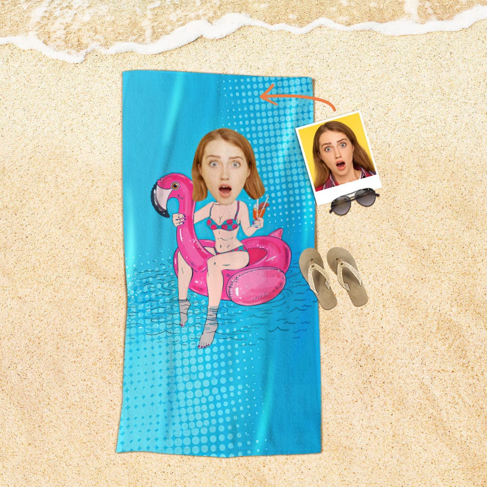 Custom Face Beach Towel Personalized Flamingo Swim Ring Bikini Girl Beach Towel Funny Gift for Summer - GiftLab