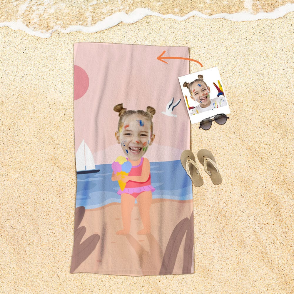 Custom Face Beach Towel Personalized Ice Cream Girl Beach Towel Funny Gift for Summer - GiftLab