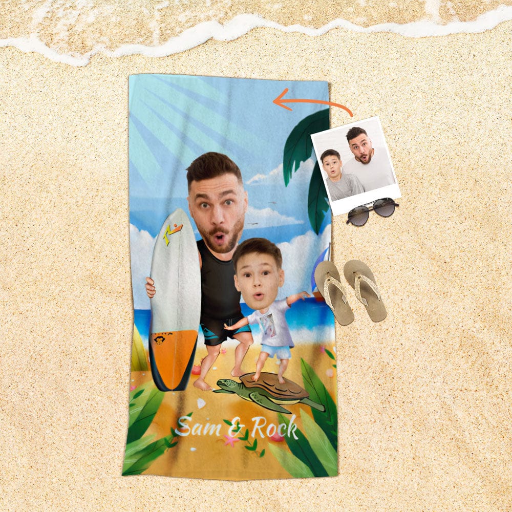 Custom Face Beach Towel Personalized Surfing Daddy and Me Beach Towel Funny Gift for Summer - GiftLab