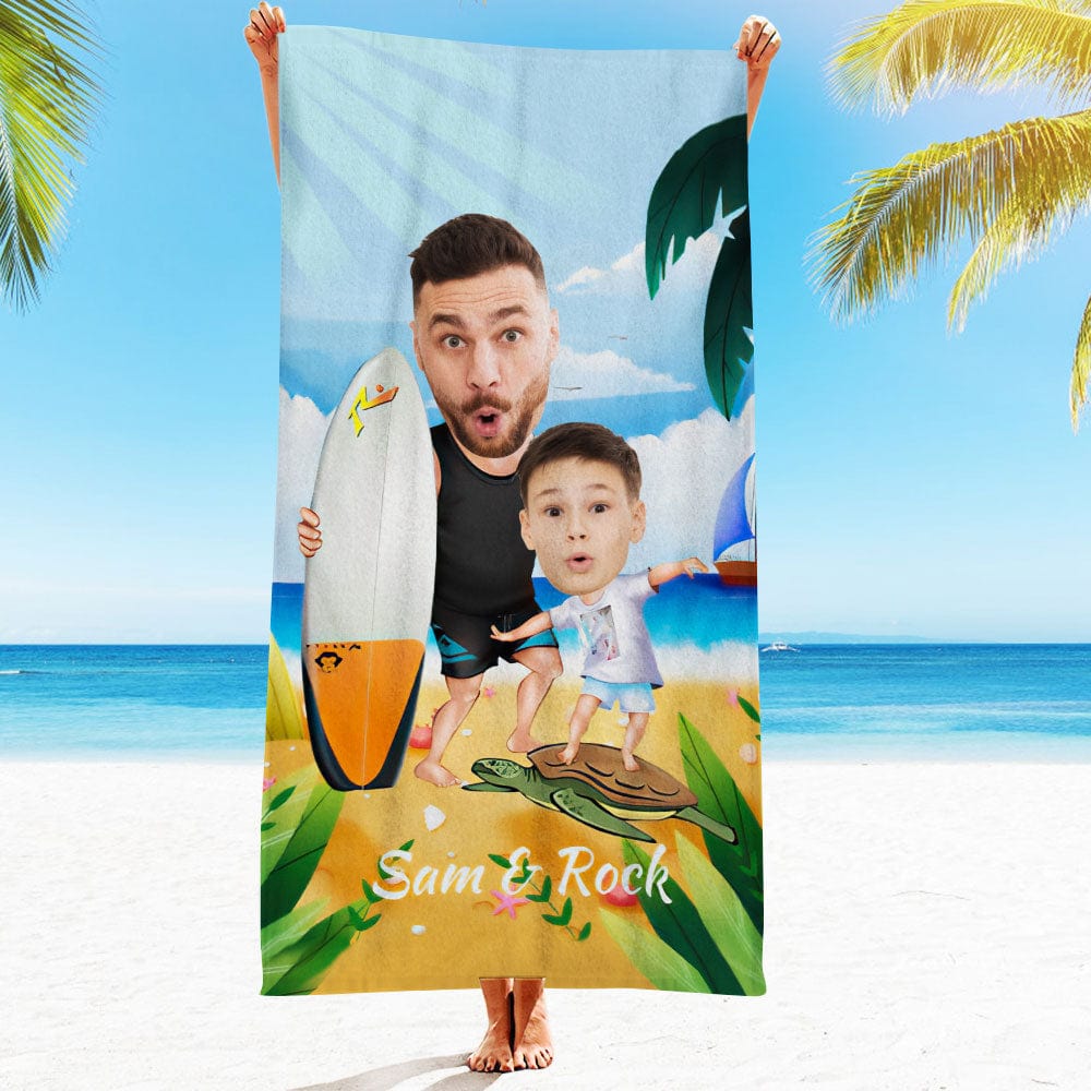 Custom Face Beach Towel Personalized Surfing Daddy and Me Beach Towel Funny Gift for Summer - GiftLab