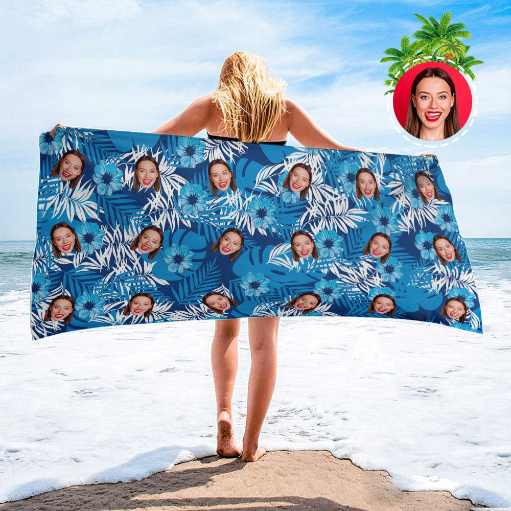 Personalized Beach Towels with Photo Custom Blue Flowers and Leaves Beach Towel - GiftLab