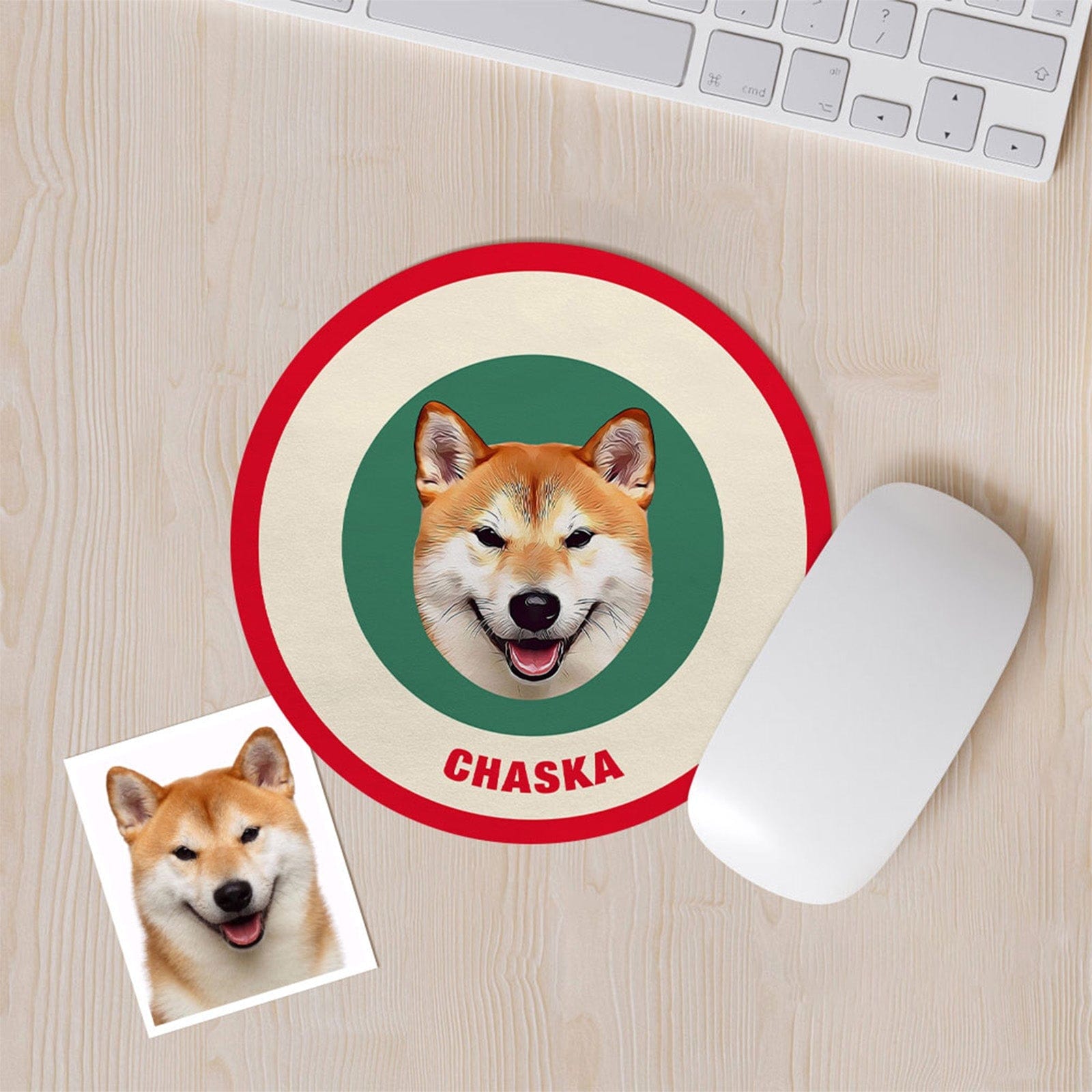 Custom Round Mouse Pad Personalized Pet Face with Name Gift for Pet Lover - Red & Green - Giftlab