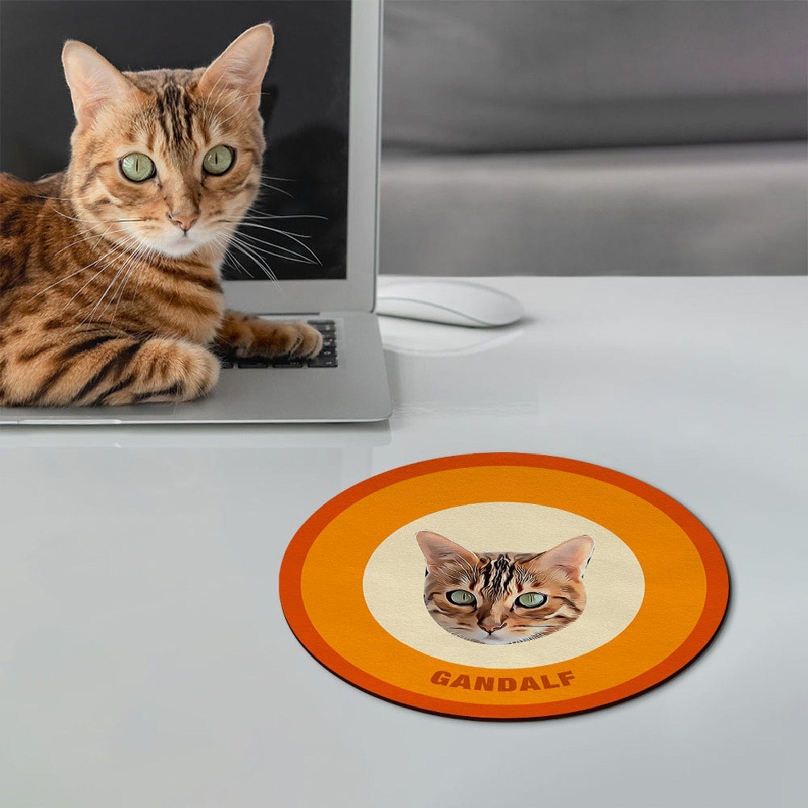 Custom Round Mouse Pad Personalized Pet Face with Name Gift for Pet Lover - Orange - Giftlab
