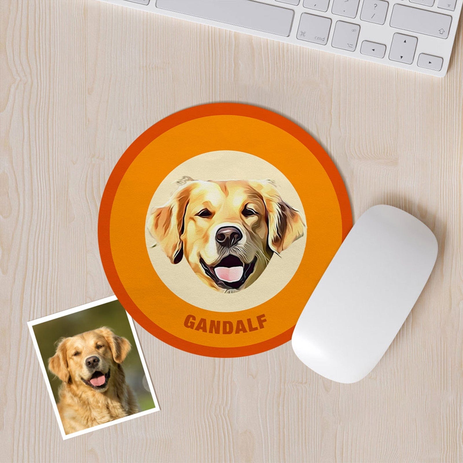 Custom Round Mouse Pad Personalized Pet Face with Name Gift for Pet Lover - Orange - Giftlab