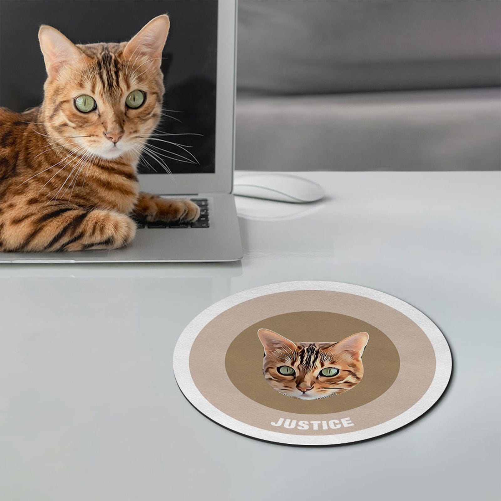 Custom Round Mouse Pad Personalized Pet Face with Name Gift for Pet Lover - Khaki - Giftlab