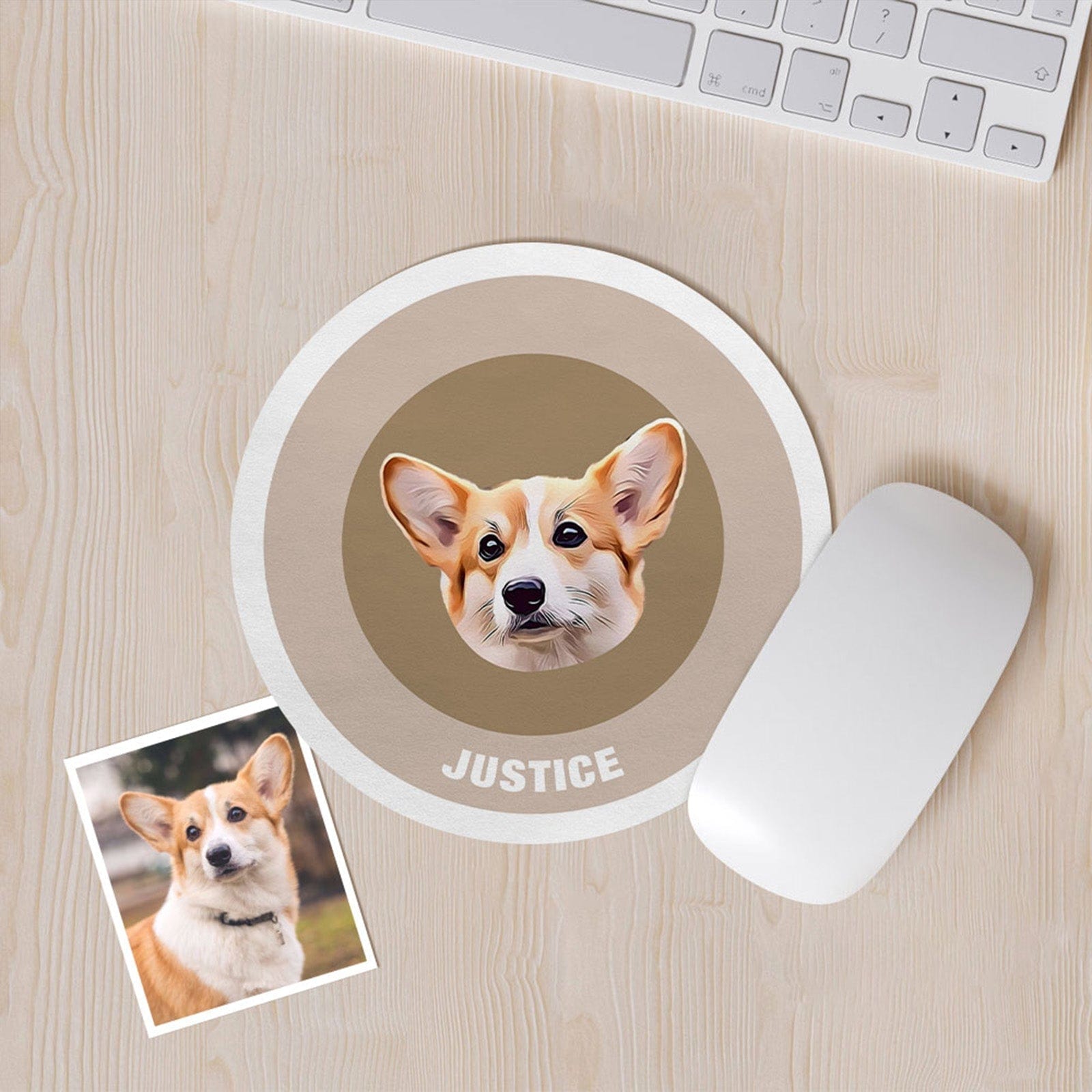 Custom Round Mouse Pad Personalized Pet Face with Name Gift for Pet Lover - Khaki - Giftlab