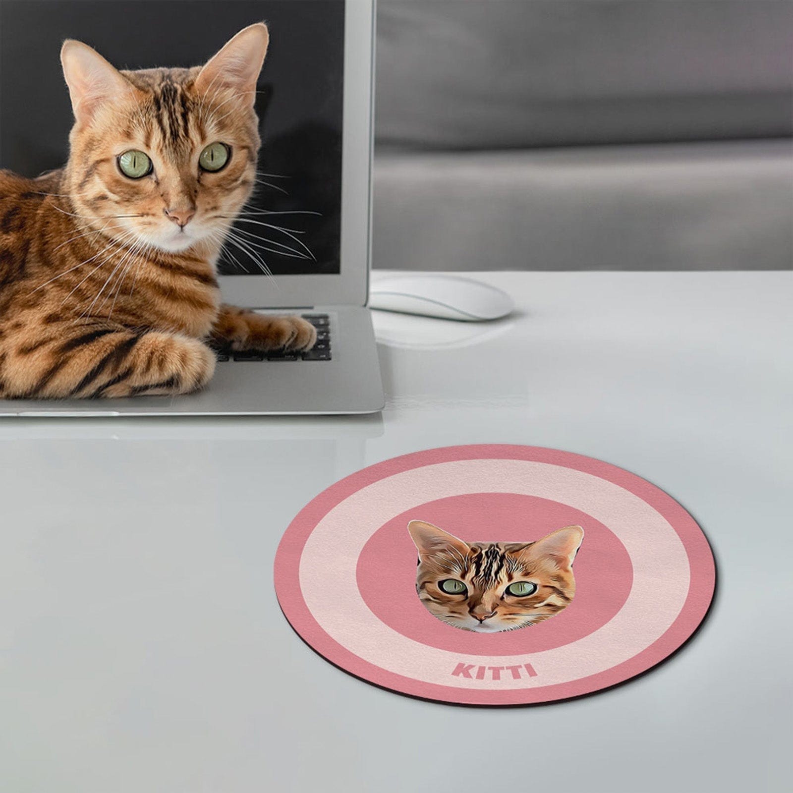 Custom Round Mouse Pad Personalized Pet Face with Name Gift for Pet Lover - Pink - Giftlab