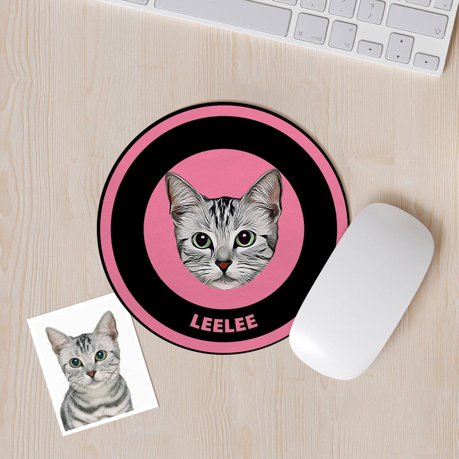 Custom Round Mouse Pad Personalized Pet Face with Name Gift for Pet Lover - Black & Pink - Giftlab