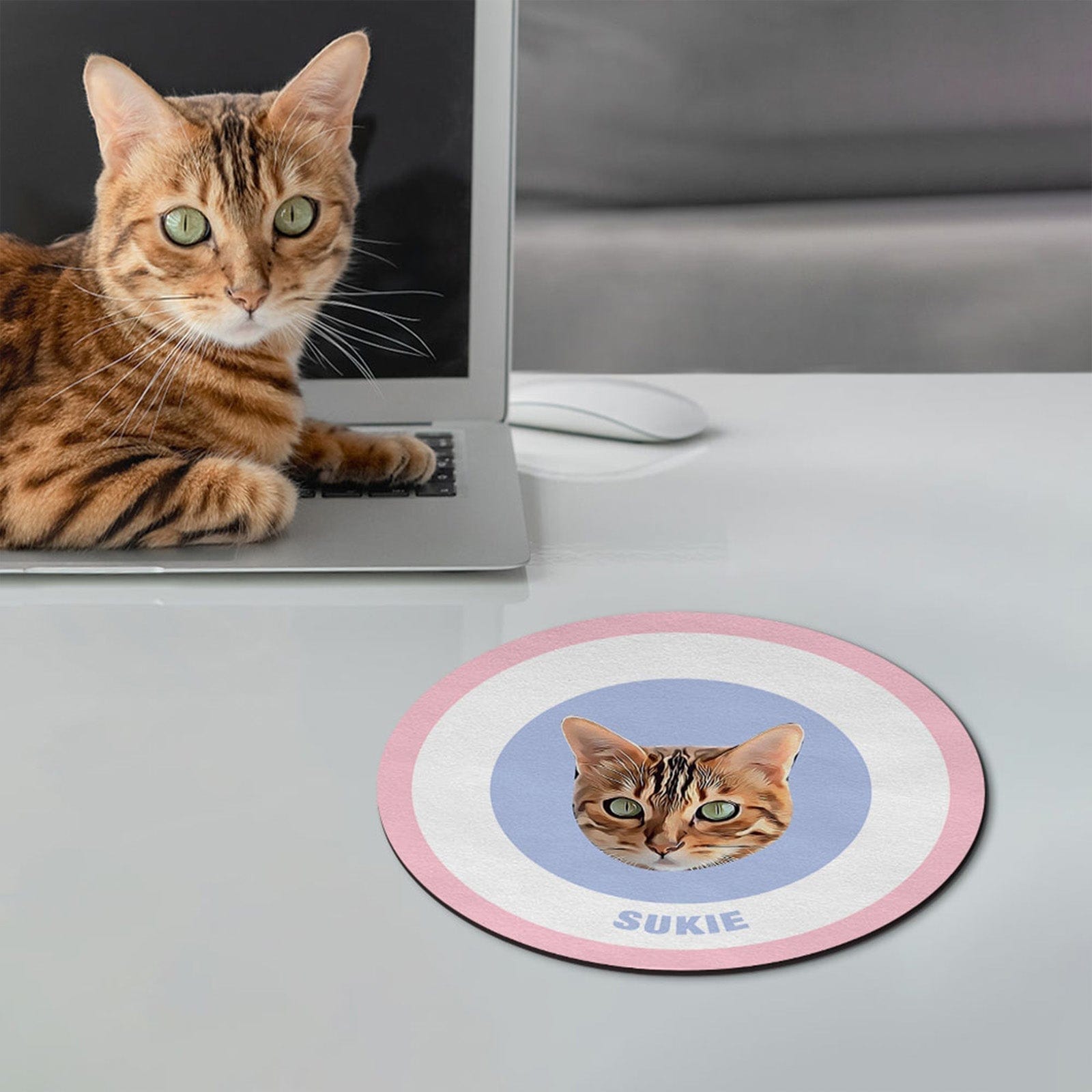 Custom Round Mouse Pad Personalized Pet Face with Name Gift for Pet Lover - Pink & Blue - Giftlab