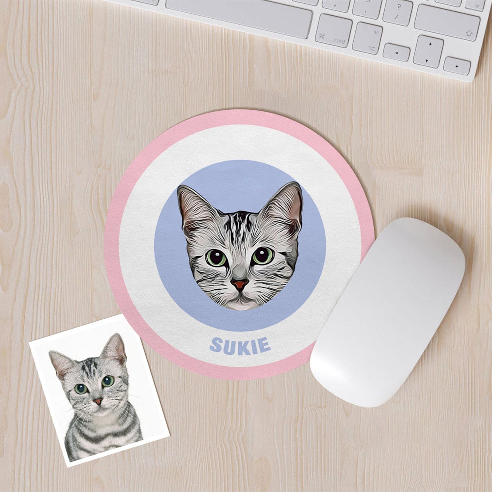 Custom Round Mouse Pad Personalized Pet Face with Name Gift for Pet Lover - Pink & Blue - Giftlab