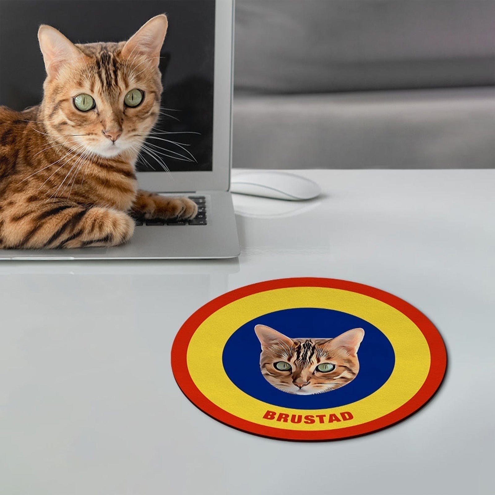 Custom Round Mouse Pad Personalized Pet Face with Name Gift for Pet Lover - Yellow & Blue - Giftlab