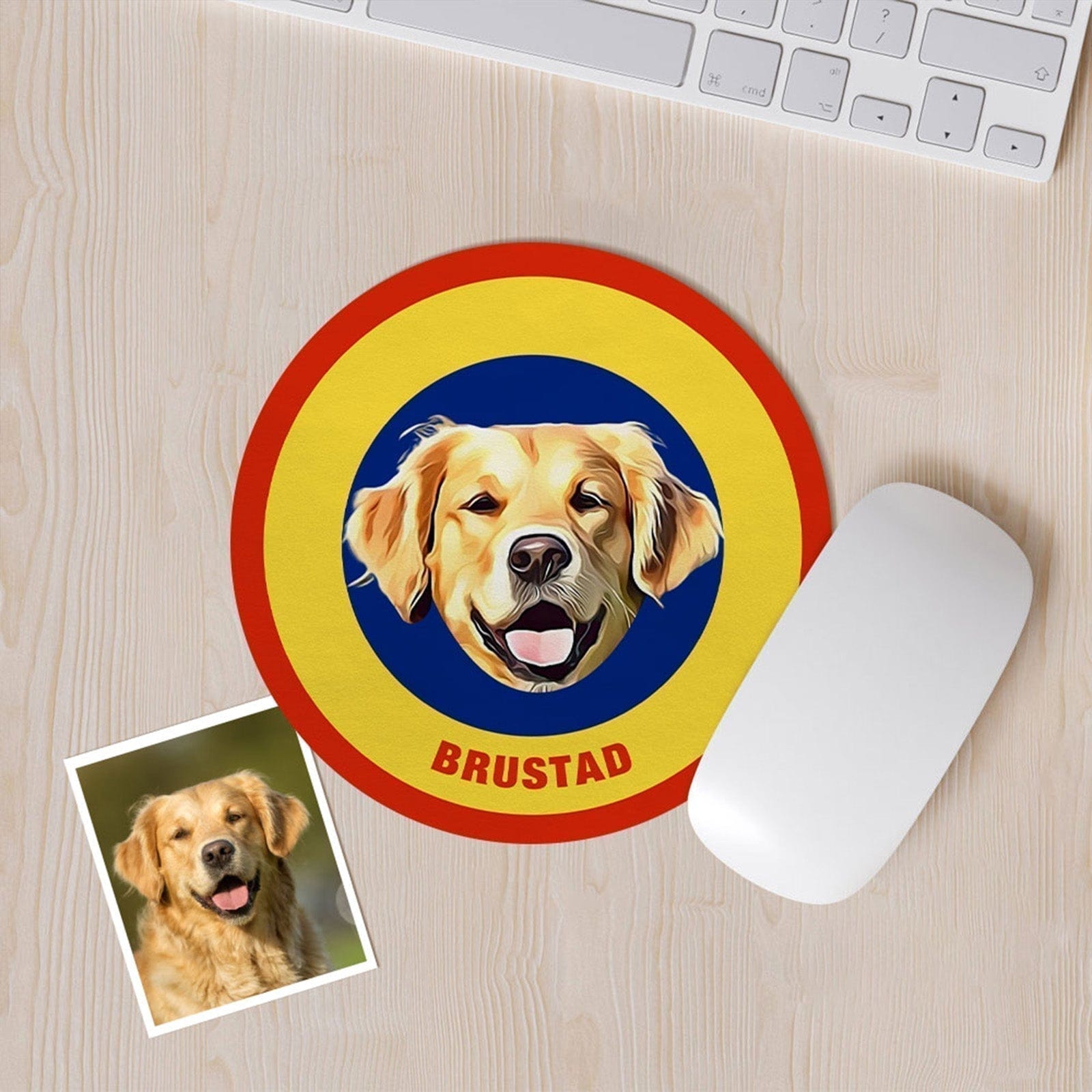 Custom Round Mouse Pad Personalized Pet Face with Name Gift for Pet Lover - Yellow & Blue - Giftlab