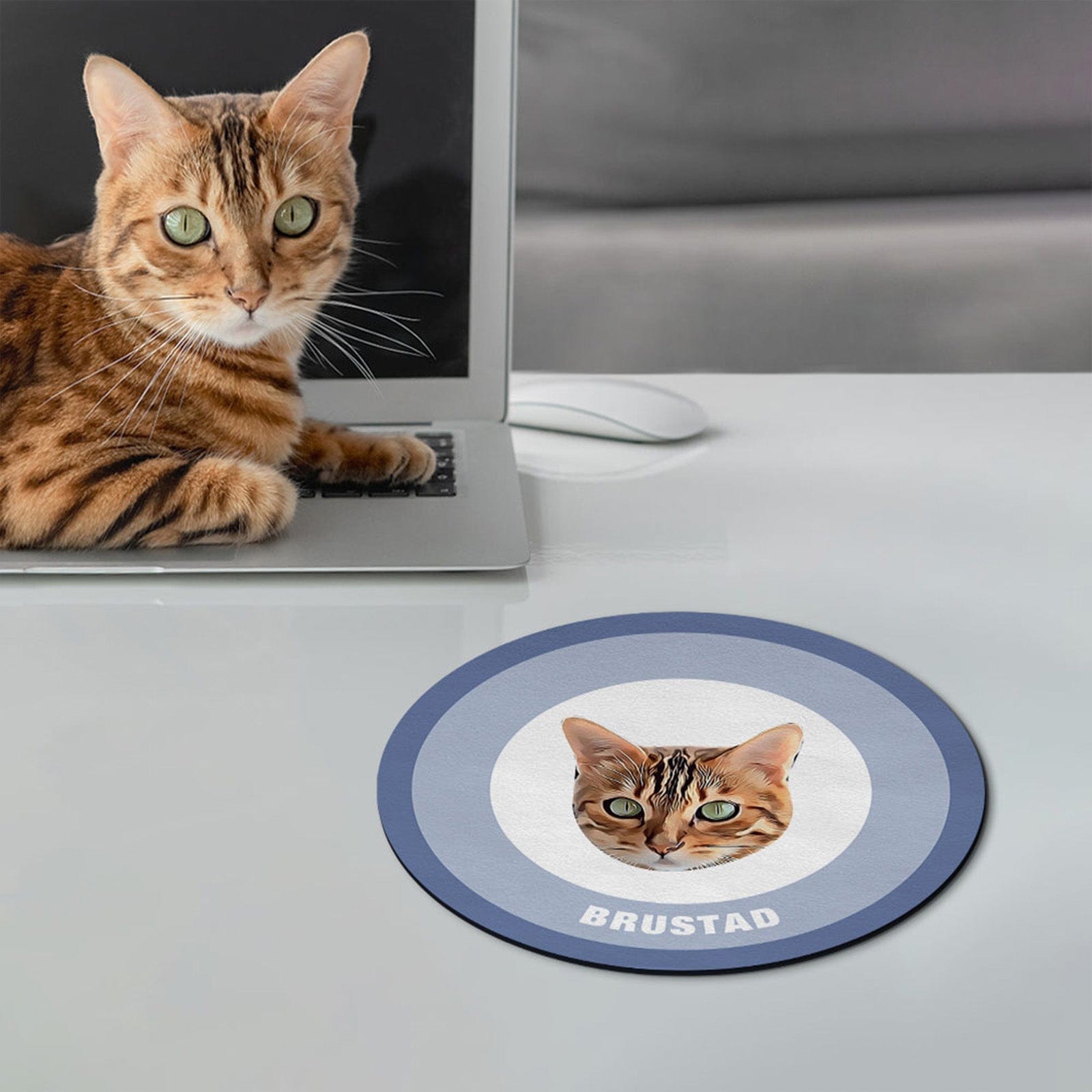 Custom Round Mouse Pad Personalized Pet Face with Name Gift for Pet Lover - Blue - Giftlab